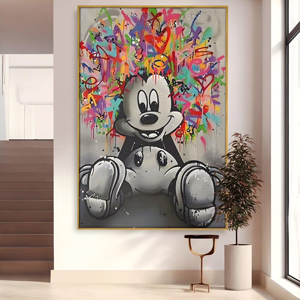 Tablou canvas cu tablou canvas cu mickey mouse colorat, in rama de aluminiu auriu